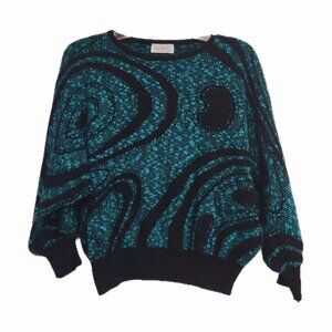 Vintage Graphic Dolman Sweater Turquoise Black Swirl 90s Vtg Womens Size M L